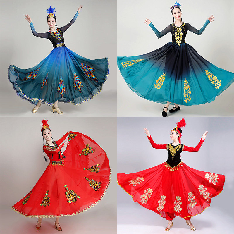 新疆舞蹈演出服新款新疆舞大摆裙维吾族练习裙民族舞蹈维族服装女