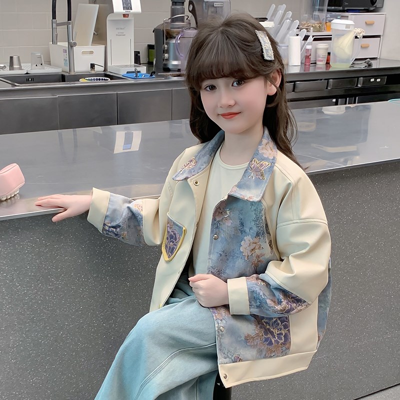 女童春装外套2025新款儿童汉服新中式国风皮衣春秋款女孩网红上衣图片
