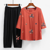 中老年女装 奶奶套装 短袖 妈妈夏装 t恤民族风中Q袖 上衣老人太太衣服