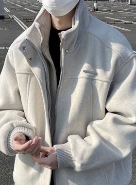 假两件毛呢外套男秋冬季2024新款潮牌小众设计感美式立领夹克上衣