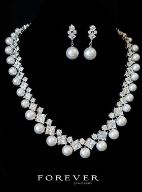 韩式气质方钻锆石珍珠双层项链耳环套装百搭婚纱礼服晚宴首饰耳夹