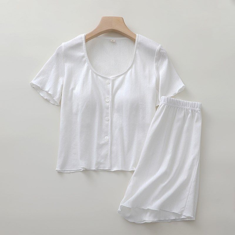 免文胸短袖短裤睡衣女生纯棉白色木耳边清新小个子家居睡眠服夏季
