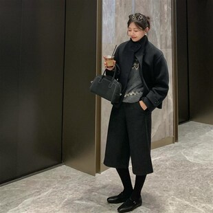 简约日系复古高腰黑色毛呢七分裤秋冬新款常规百搭宽松休闲阔腿裤