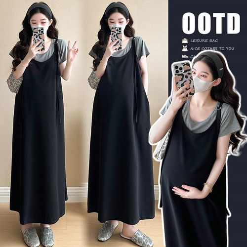 韩版孕妇连衣裙夏季新款时尚短袖T恤上衣宽松休闲背带裙长款套装