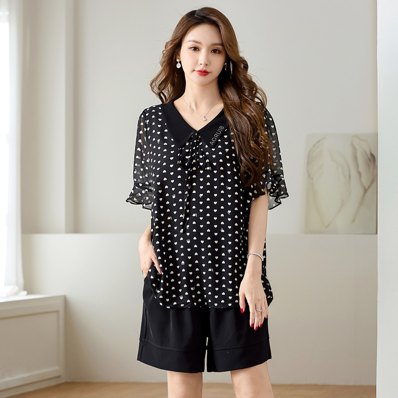 大码女装200斤胖mm夏装洋气时尚短袖T恤衫胖妹妹宽松显瘦雪纺上衣