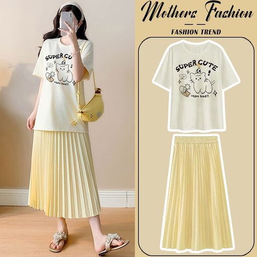 孕妇连衣裙套装夏季2025新款韩版减龄奶杏色短袖上衣半身裙两件套