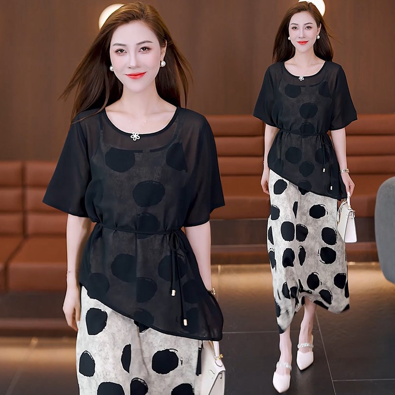 2025夏季新款时尚洋气波点吊带连衣裙罩衫两件套女宽松短袖套装裙