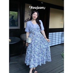 肉卷家微胖大码女装宽松显白紫色温婉遮肉雪纺假两件碎花连衣裙夏