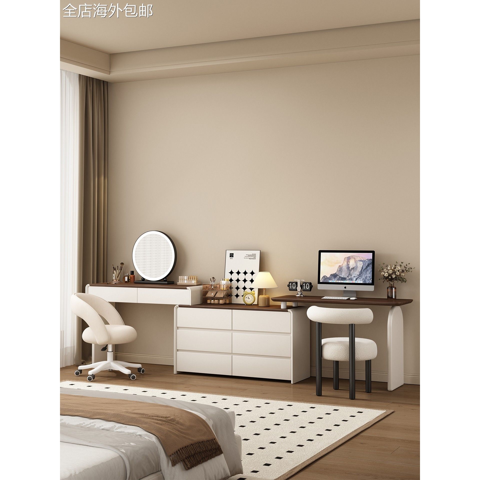 书桌梳妆台一体电脑桌卧室简约现代实木床尾斗柜转角化妆桌收纳柜