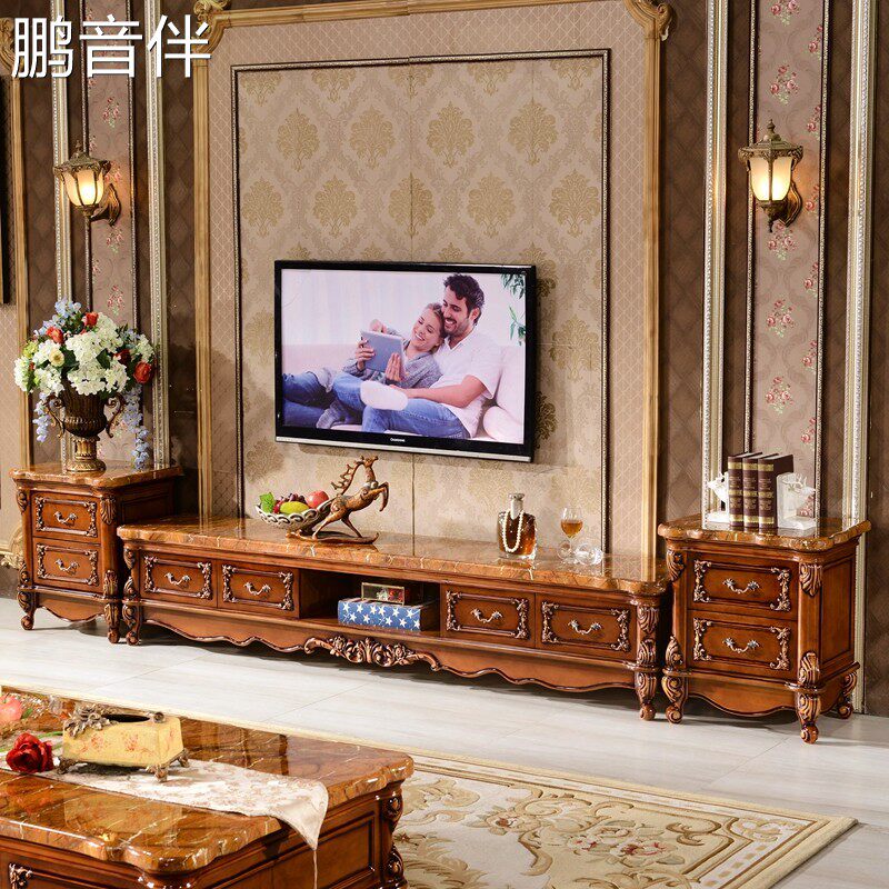 鹏音欧式实木电视柜天然大理石客厅电视机柜茶几组合落地储物柜收纳柜