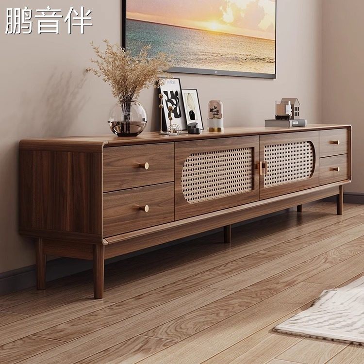 鹏音覆古藤编电视柜法式小户型实木新款2025客厅家用茶几电视机柜组合