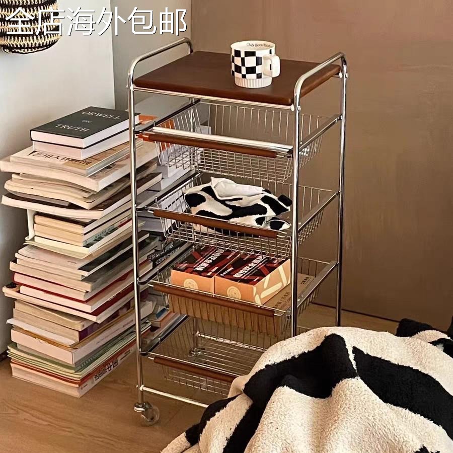 零食置物架小推车收纳架中古风客厅多层零食架子可移动厨房菜篮子