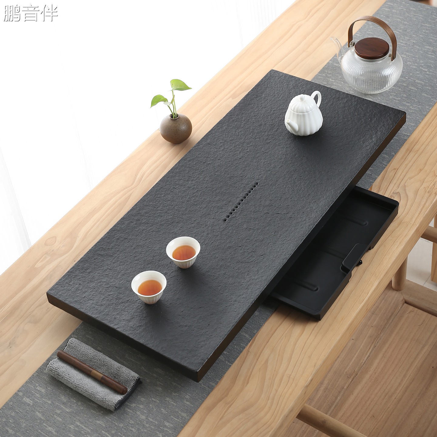 鹏音伴天然乌金石茶盘储水式大号干泡台2025新款家用长方形储蓄两用茶台摆件饰品