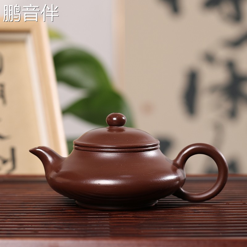 鹏音伴潮州原矿紫泥虚扁壶黑金刚手拉壶小容量100CC潮汕手工茶壶家用摆件饰品饰品
