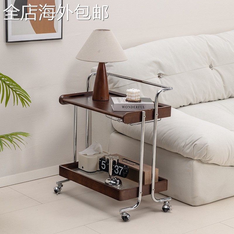 中古可移动小推车沙发边几客厅复古实木茶几杂志书架床头置物架子