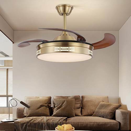 全铜现代中式餐厅风扇灯简约客厅吊灯中国风卧室隐形静音遥控电扇
