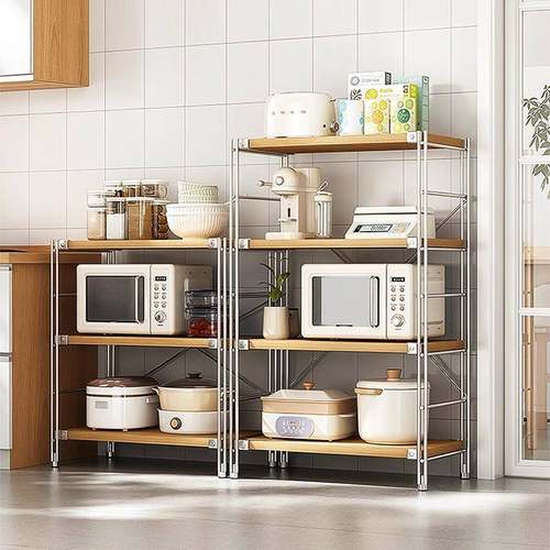 日式厨房置物架多层防锈钢收纳架落地微波炉储物架家用架子货架