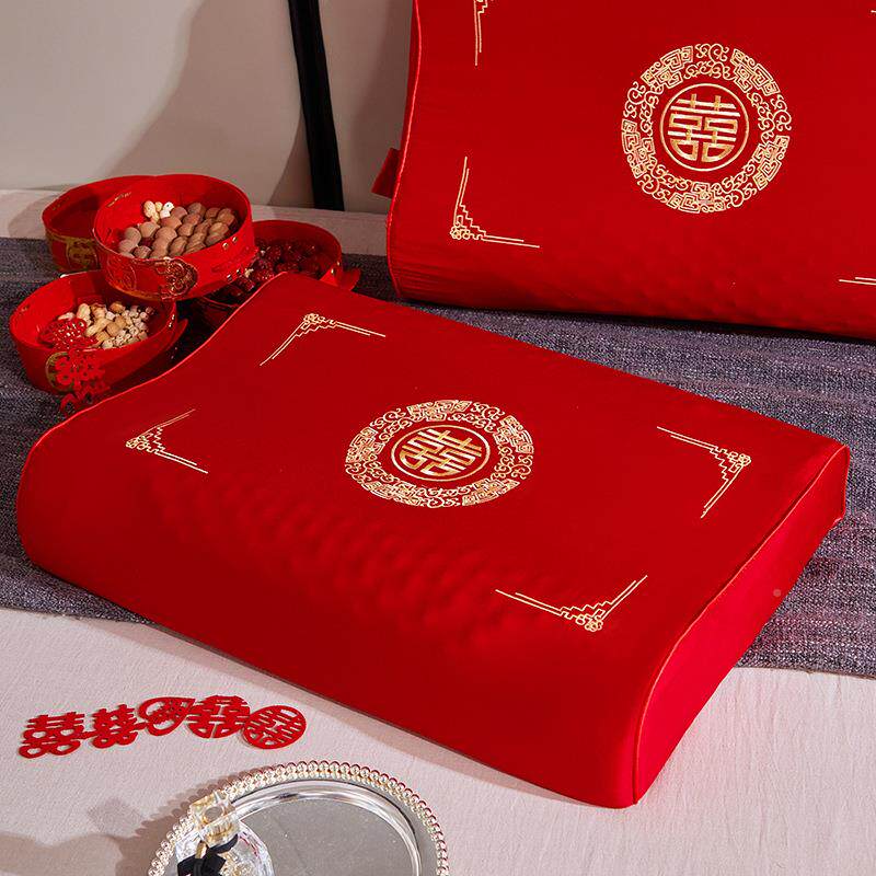 乳胶枕婚庆大枕头一对装护颈枕塌不陷红色国风刺绣高端结婚DW-910