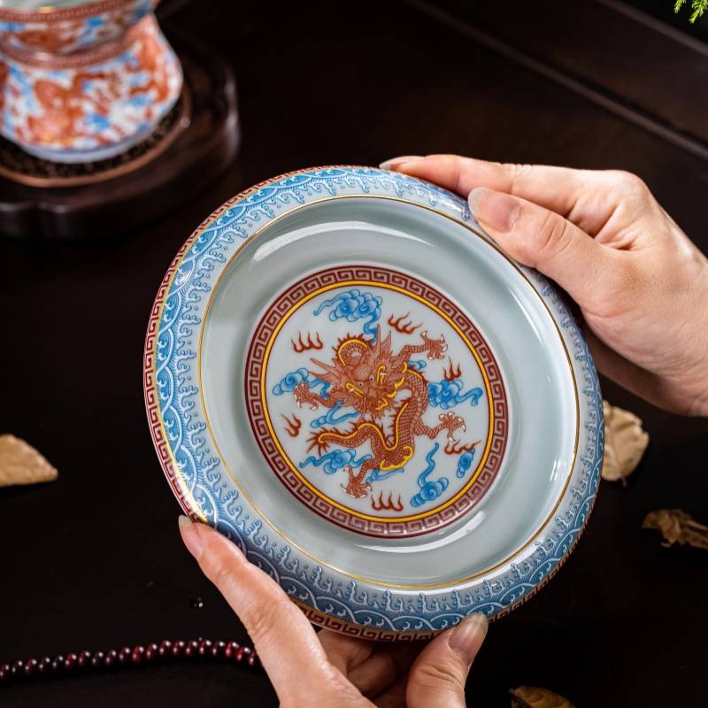 景德镇七丞堂仿古泥矾红龙纹大壶承海浪陶瓷茶托盖置茶道配件壶垫