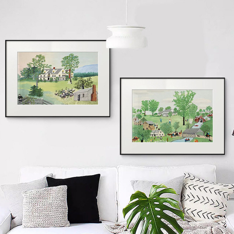 摩西奶奶装饰画美式小清新风景田园风挂画餐厅正方形卡纸卧室壁画