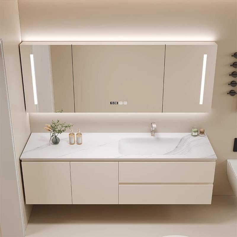 c6m岩板热弯一体偏盆奶油风浴室柜组合智能卫生间洗手洗漱台高端