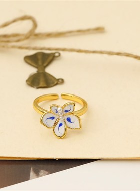 青花粉珐琅滴釉戒指女中古高级感可调H节对戒女款时尚开口戒子指