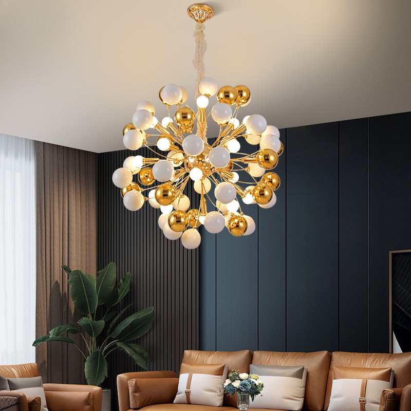 欧式轻奢餐厅复式楼楼梯餐桌展厅现代I法式圆形陶瓷金色圆球吊灯