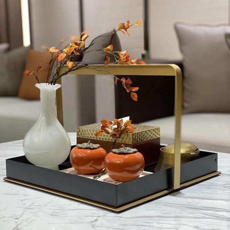 新中式金属提篮托盘分格盒铁艺摆件样板房间客厅茶几提Z盒软装饰