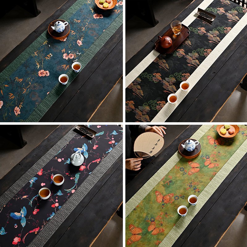 防水仿香云纱茶席长款新中式禅意棱织高端L桌垫桌旗国风双面茶桌