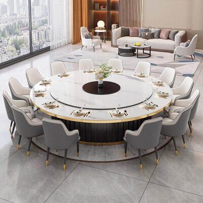 酒店电动餐桌岩板大圆桌18人20人饭店会所火锅店电磁炉餐桌椅商用