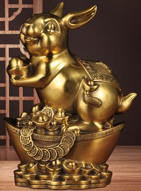 黄铜元宝兔子摆件生肖兔招财铜工艺品家居L客厅电视柜酒柜装饰品