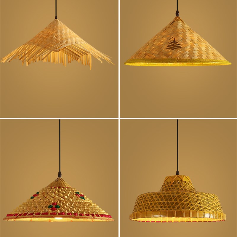 F7N2N1竹h编斗笠吊灯复古餐饮草帽灯罩民宿草编藤编东南亚茅草稻