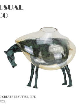 新中式现代简约金属马玻璃花器摆件样板房N售楼处书房软装饰品