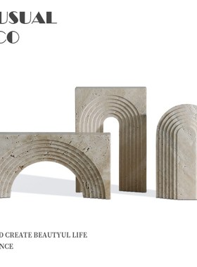 现代极简侘寂黄h洞石几何层叠拱门摆件客厅书柜样板房售楼处饰品