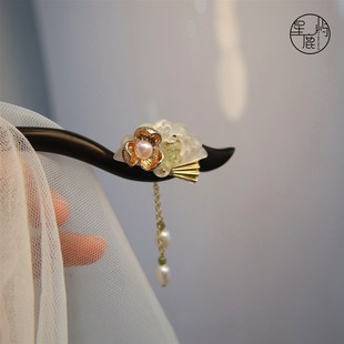 星鹿屿原创古典扇子黑檀木簪珍珠花朵高级感发X簪子202 小重山