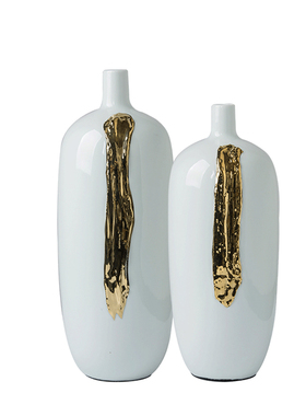 现代新中式陶瓷花瓶摆件样板房简约家居白色鎏金客厅玄Z关软装饰