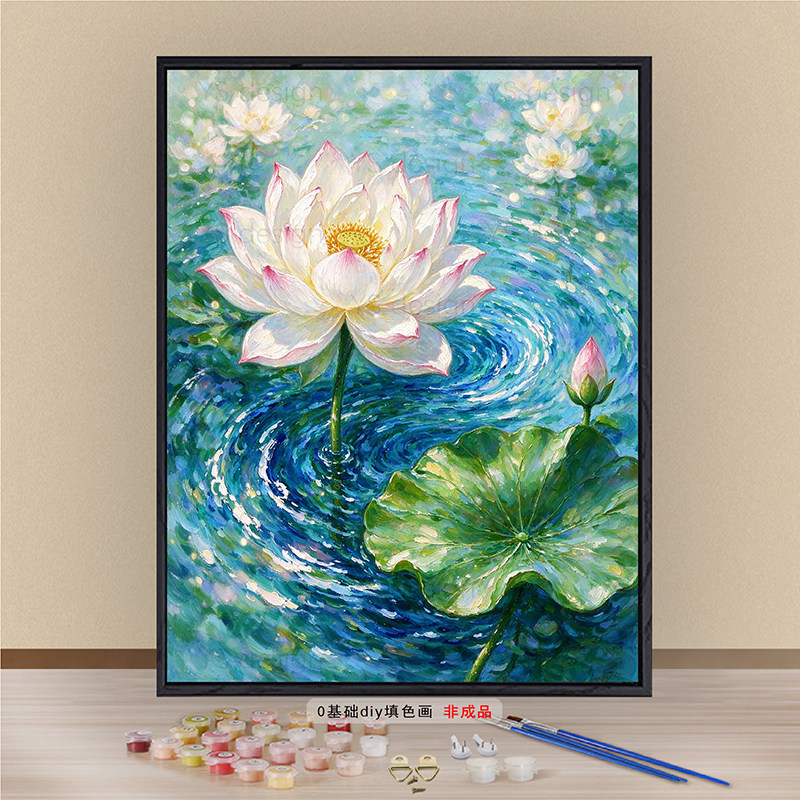 中式肌理感荷花diy数字油画挂画