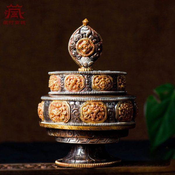 曼达盘 家用用品尼泊尔手工八吉祥雕花紫铜镀金镀银铜曼扎盘