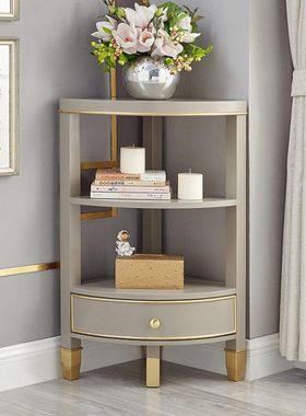 高级灰墙角柜置物架简约实木角柜卧室拐角收纳矮柜灰色轻奢三角柜