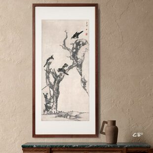 桔子格调 八大山人朱耷 花鸟荷花中式禅意玄关挂画茶室书房装饰画