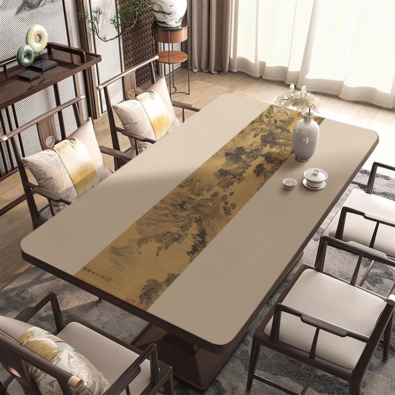 新中式民a族风格圆角餐桌垫防水,防油,防烫,彷古实木咖啡桌皮革桌