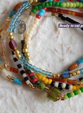 RTEP 自制h手工小圆牌油画进口水晶米珠手链叠搭复古重工彩色串珠