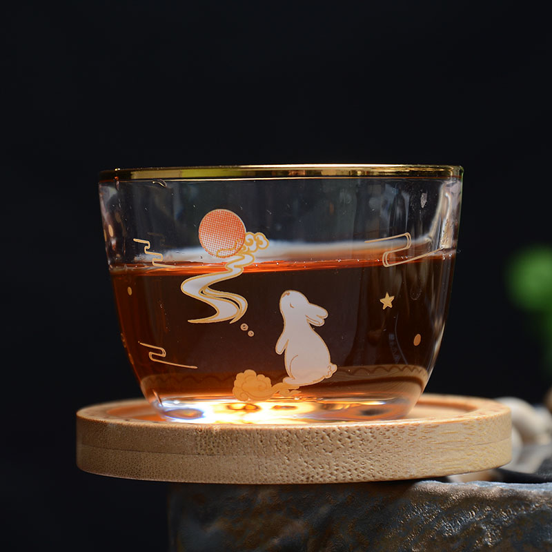 玉兔望月主人杯i玻璃描金个性高档茶杯品茗杯100ml耐热功夫茶杯子