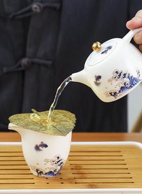 户套外便携式功夫随旅行茶套装具鱼浪茶壶白瓷整装身简易93530收