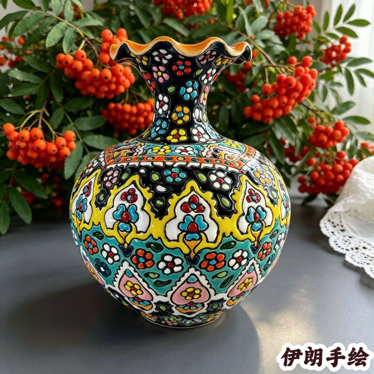 伊朗进口立体手绘小花瓶立体彩绘陶瓷瓶客厅插花玄关艺术装饰摆件
