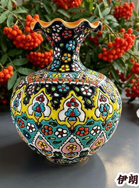 伊朗进口立体手绘小花瓶立体彩绘陶瓷瓶客厅插花玄关艺术装饰摆件