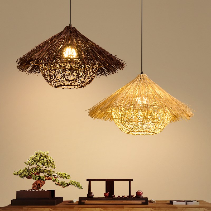 藤编草帽灯罩日式餐厅灯个性火锅店藤F艺民宿灯东南亚竹编餐厅吊