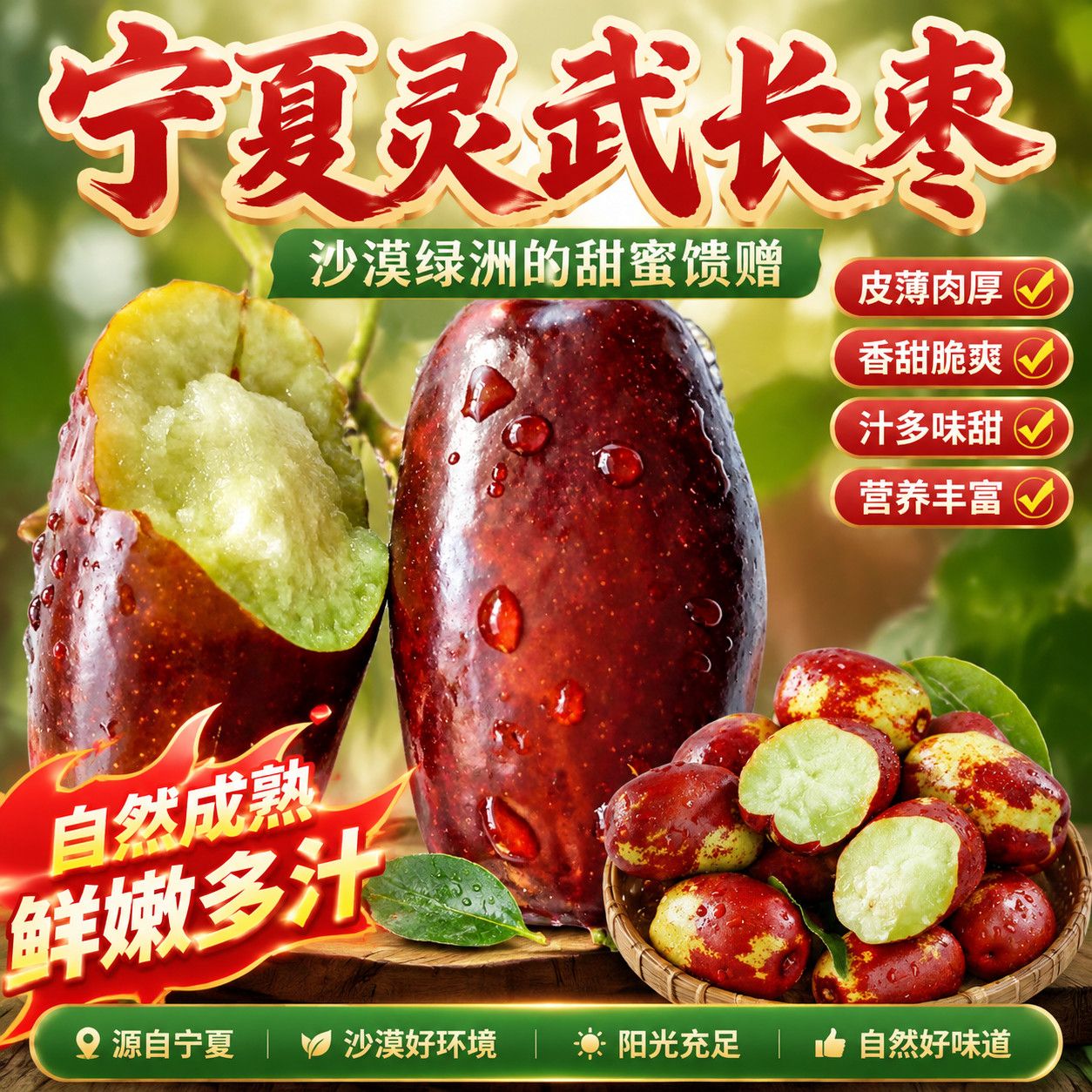 宁夏灵武长枣鲜枣脆甜多汁新鲜采摘长枣