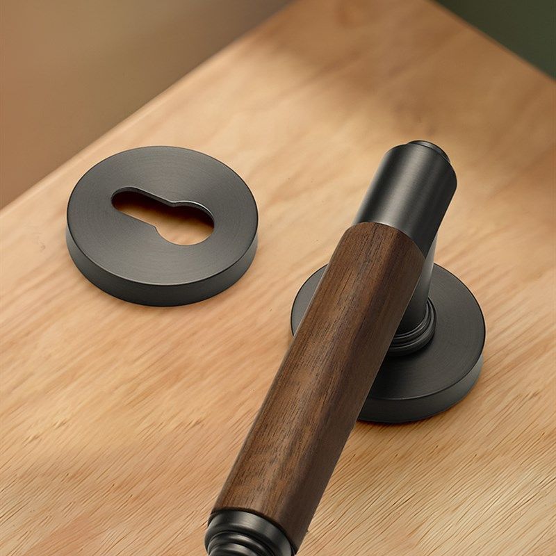 Muling美式胡桃木卧室门锁室内实木门把手灰镍万能静音电磁锁