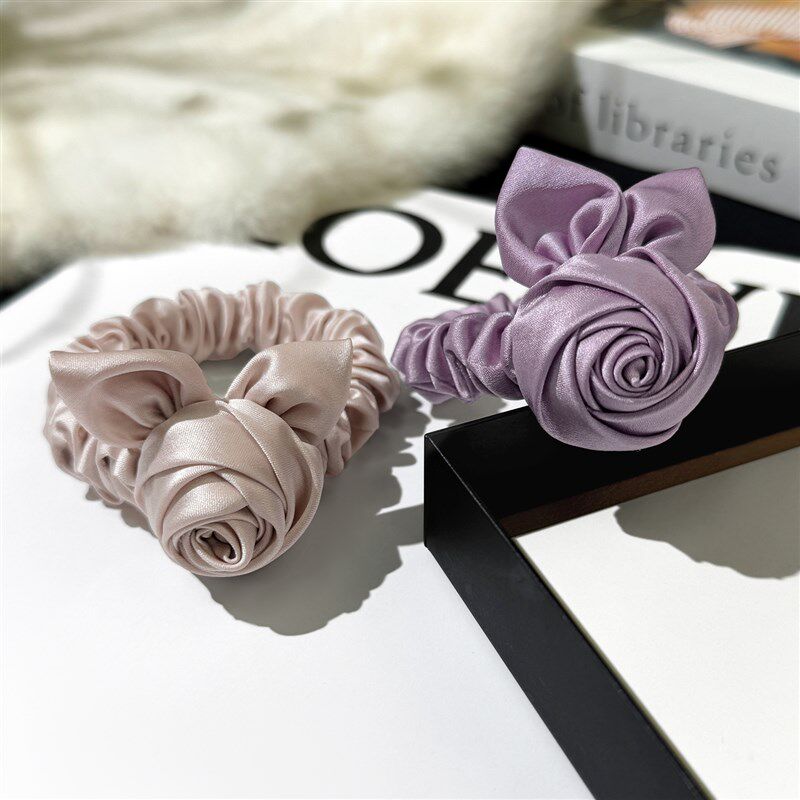 【3件8折】真丝玫瑰花发圈女气质高级感缎面大肠圈低W马尾扎发皮